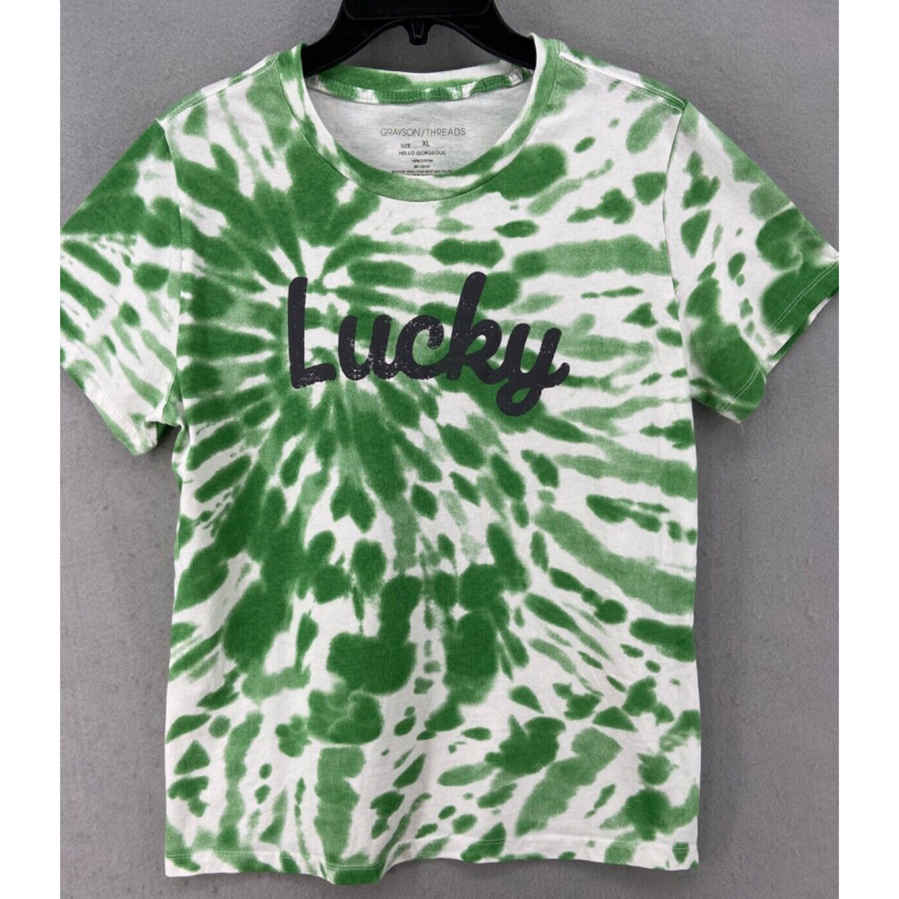 Grayson Threads T-Shirt Women Sz‎ XL LUCKY Green Tie Dye Cotton Short Sleeve